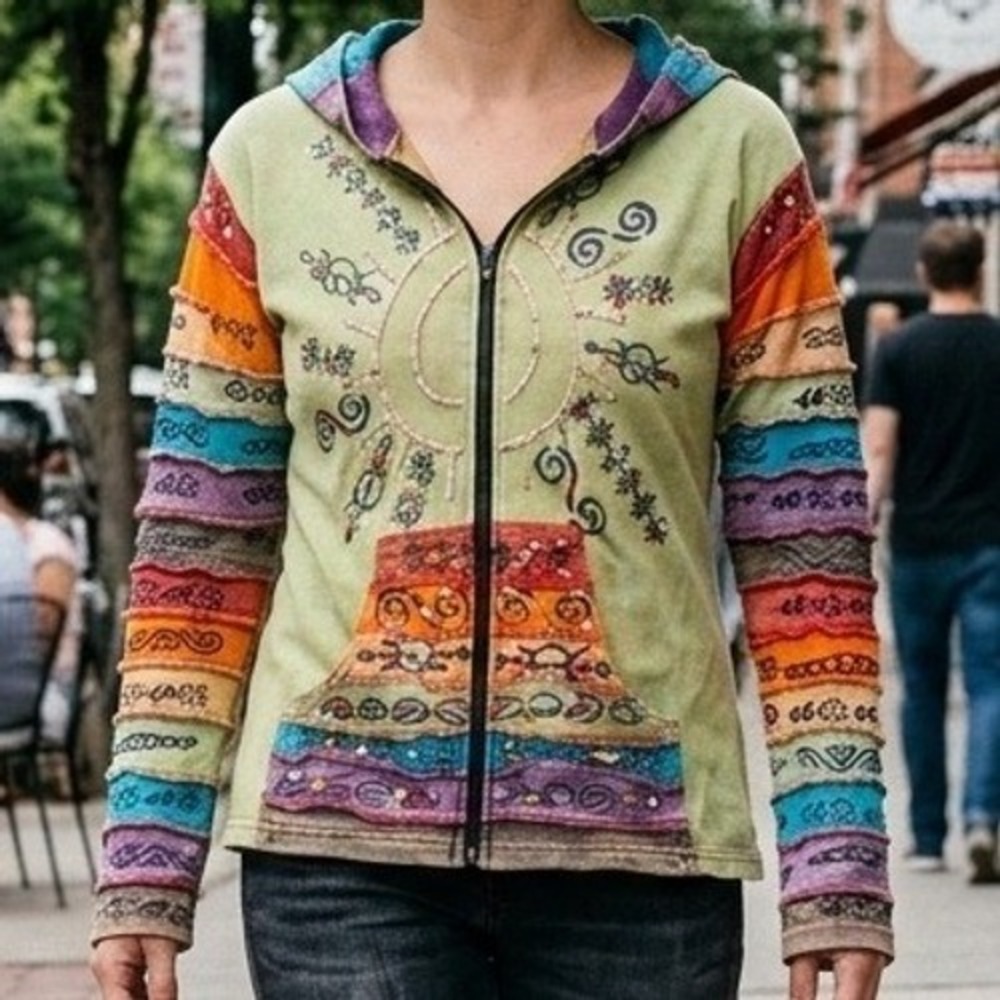 Rising International Boho Patchwork Sun Embroidery Zip Up Hoodie Green Multi M